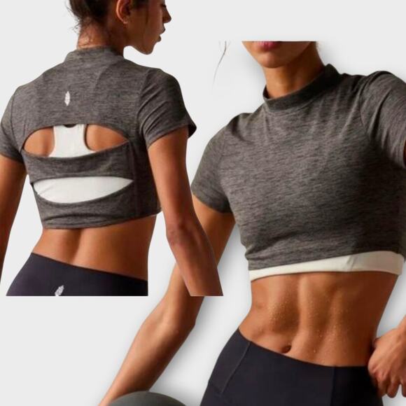 Free People FP Movement Womens Frosty Morning Cut Out Crop Top Gray M Athleisure - Picture 1 of 10